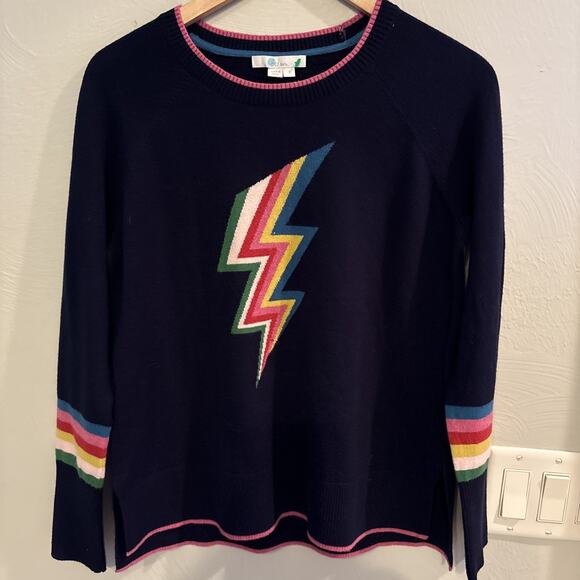 Boden Romy 50% Wool 50% Cotton Navy Blue Rainbow Lightning Bolt Sweater Jumper S - Picture 2 of 9